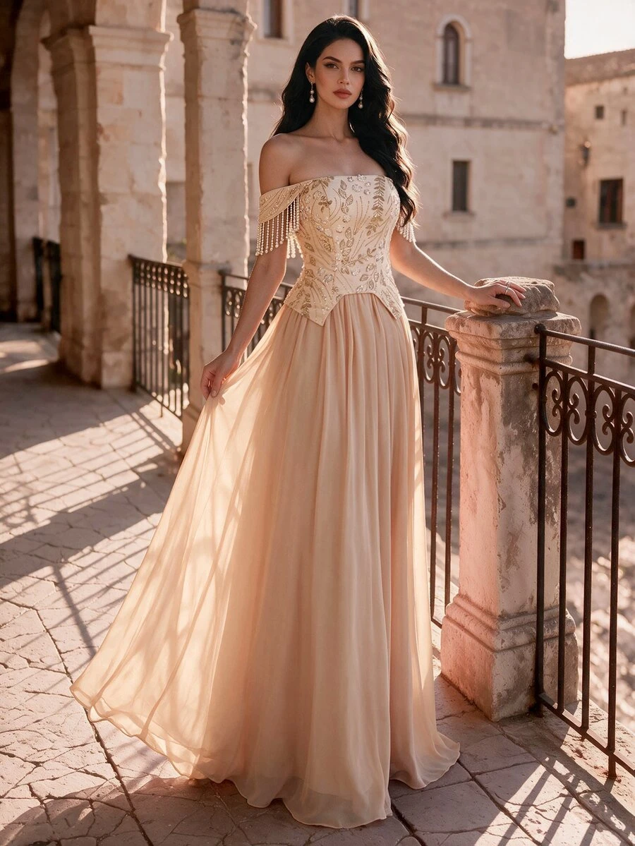Coutiva Off-Shoulder Tassel Beaded Patchwork 2 In 1 Chiffon Maxi Dress Wedding Ball Event Party Prom Wedding Cream Winter Elegant Formal Glamour - Champagne - View 1