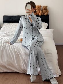 Napfluff Heart Print Casual Comfortable Long Sleeve Long Pants Pajama Set - Grey - View 5