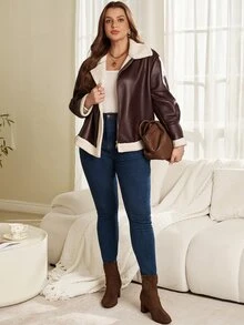 EMERY ROSE Women's Plus Size Fur-Lined Lapel Coat Winter Clothes All Winter 2026 Vintage Brown Leather And Fleece Retro Coat - Black - View 4