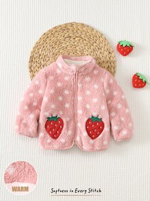 Cozy Pixies 女嬰粉色波點草莓3D圖案保暖內裡加厚長袖外套，百搭舒適 - 粉色 - 查看 8