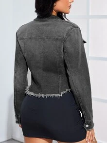 SHEIN Privé Women's Long Sleeve Single-Breasted Frayed Hem Casual Denim Jacket - Dark Grey - View 2