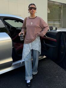 Muchica Casual Retro Y2K Style Pink & Brown Striped Loose Plus Size Long Sleeve T-Shirt, Versatile Design, Suitable For Music Festivals, Parties And Summer Daily Wear - Multicolor - View 5