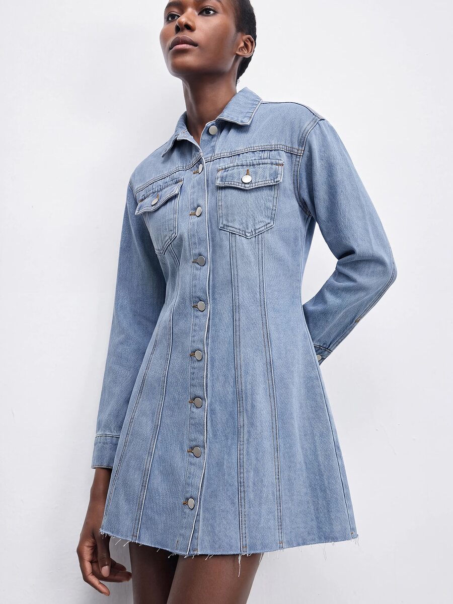 Maija Women's Long Sleeve Single-Breasted Casual Denim Shirt Dress - Blue - View 1