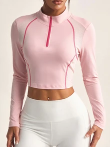 StreetHx Mesh Long Sleeve Half-Zip Cropped Sports Sweatshirt - Pink - View 5