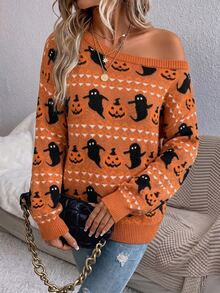 EMERY ROSE Plus Size Women's Casual Cold Shoulder Sweater, Vintage Colorblock Pumpkin & Ghost Pattern, Home Wear, Autumn/Winter Pullover, Teacher's Day, Thanksgiving, Halloween - Orange - View 4