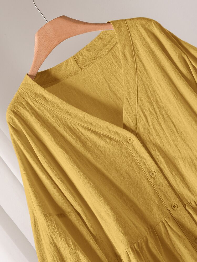CosyJoli Blus Wanita Ukuran Besar Warna Polos Leher V Lengan Panjang Kasual Longgar - Kuning - View 2