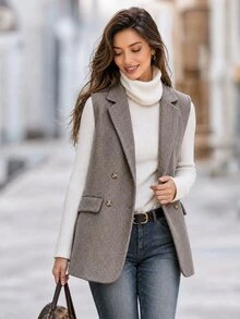 Editum Women's Herringbone Double-Breasted Sleeveless Blazer Fall Winter - Khaki - View 7