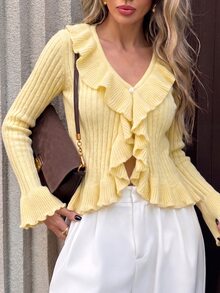Lumivelle Ruffle Trim Knit Cardigan With Flared Sleeves For Autumn/Winter - Yellow - View 7