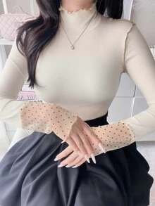 FRIFUL 女款法式波點印花網布拼接袖口T恤 - 杏色 - 查看 1