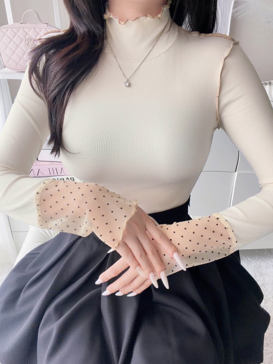 FRIFUL 女款法式波點印花網布拼接袖口T恤 - 杏色 - 查看 1