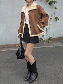 FRIFUL Women's Solid Color Single-Breasted Thermal-Lined Casual Loose Regular Fit Jacket - Brown - View 5