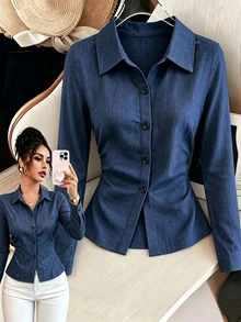 GlowEve Women's Solid Color Casual Versatile Daily Long Sleeve Shirt - Blue - View 3