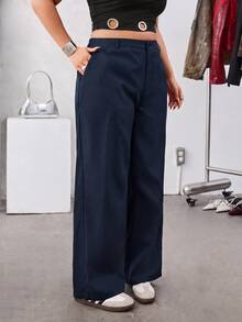 SHEIN EZwear 海軍藍純色斜口袋休閒基礎大尺碼西裝長褲，秋冬款 - 藏蓝色 - 查看 3