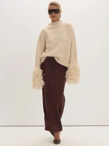 MUSEYN Brown Suede Lace Detail Maxi Skirt Fall Everyday Casual Timeless New Season - Dark Green - View 1