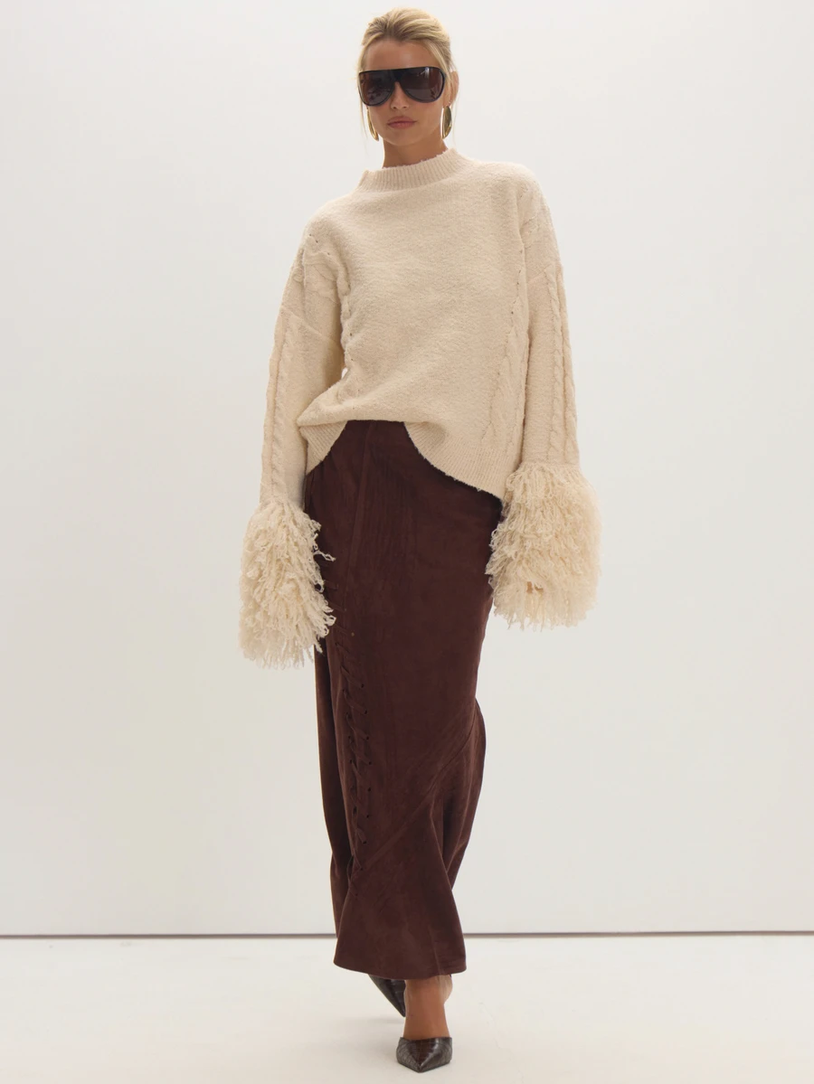 MUSEYN Brown Suede Lace Detail Maxi Skirt Fall Everyday Casual Timeless New Season - Dark Green - View 1