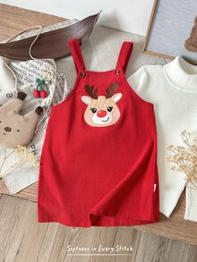 SHEIN 女童小女孩鹿圖案紅色燈芯絨卡通刺繡秋季洋裝 - 紅色 - 查看 4
