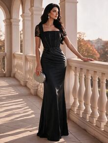 Coutiva Women's Lace Square Neck Short Sleeve Mermaid Hem Elegant Romantic Formal Prom Night Formal Event Evening Gown (Intricate Design) Black Fall - Black - View 4
