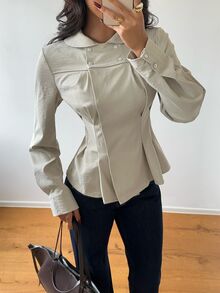Aloruh Women's Double-Breasted Doll Face Long Sleeve Khaki Shirt - Khaki - View 6
