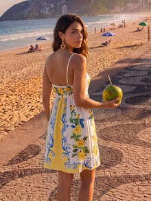 CAJUNI Women's Yellow Floral Print Casual Spaghetti Strap Vacation Dress,Vacation Outfits For Women - Yellow - View 2