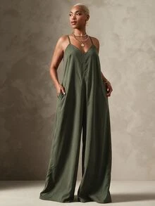 Vixey Geometric Print Woven V Neck Adjustable Cami Strap Ultra Wide Leg Flowy Jumpsuit - Army Green - View 3