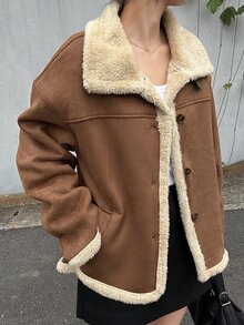 FRIFUL Women's Solid Color Single-Breasted Thermal-Lined Casual Loose Regular Fit Jacket - Brown - View 7