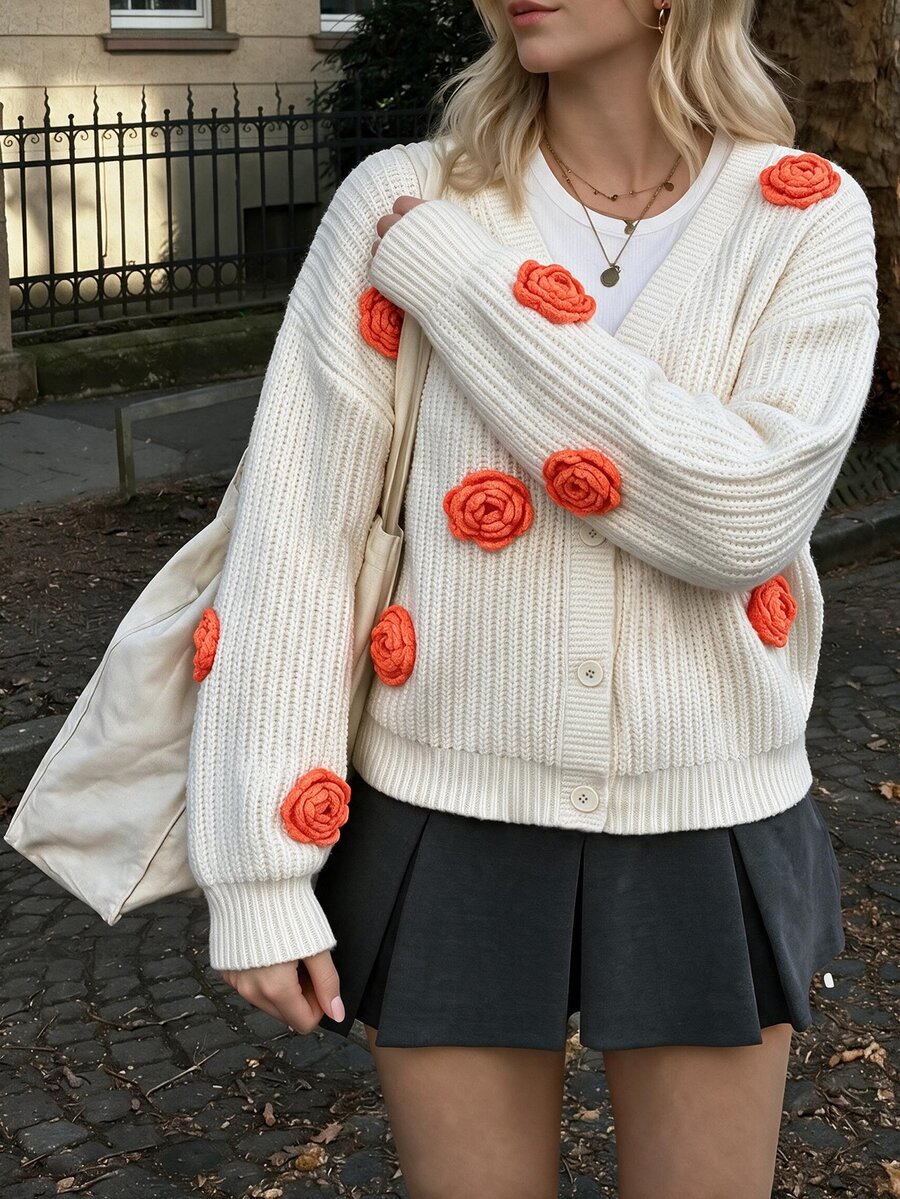 Flora Isola Flora Isola Cute 3D Rose Floral Knit Cardigan, Women V Neck Long Sleeve Button Down Loose Chunky Sweater - Apricot - View 1