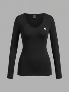 Tseoso 2件組女款騎士印花V領長袖休閒T恤，現代都市商務休閒時尚女裝，低調老錢風辦公穿搭 - 彩色 - 查看 4