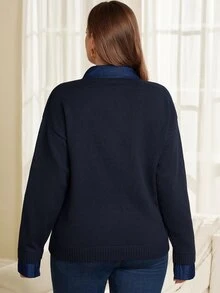 EMERY ROSE Women's Plus Size Lapel Collar Patchwork Blue Pullover Sweater Winter - Blue - View 3