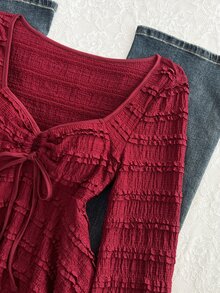 Elamini Autumn Sweet Cute Elegant Square Neck Pleated Drawstring Slim Fit Flared Long Sleeve T-Shirt - Burgundy - View 8