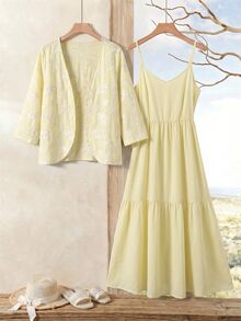 Rusticease Women's Embroidered Open Front Cardigan And Ruffle Hem Cami Dress Elegant Romantic 2 Pieces Set Tea Party Vacation White Floral Butter Yellow Autumn - Light Yellow - View 2