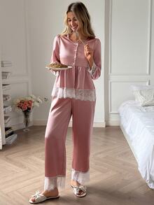 DAZY Women's Lace Patchwork Satin Top And Pants Pajama Set - Dusty Pink - View 4