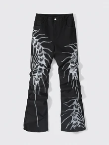 ROMWE MEN Celana Jeans Fashion Pria Avant-Garde dengan Motif Cetak dan Kantong Kancing - Hitam - View 1