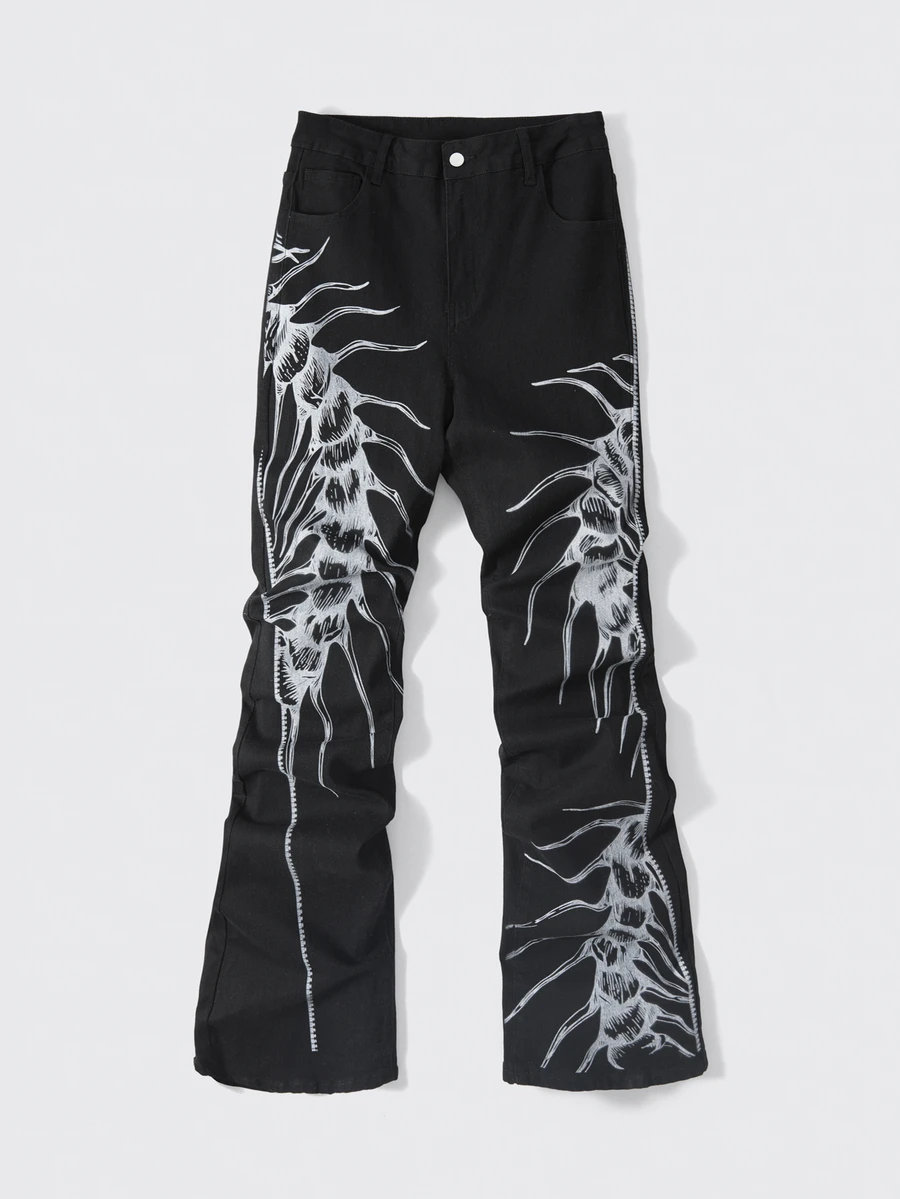 ROMWE MEN Celana Jeans Fashion Pria Avant-Garde dengan Motif Cetak dan Kantong Kancing - Hitam - View 1