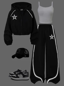 SHEIN 3件組 青少年女孩海軍藍返校反光條紋飾邊連帽拉鍊外套、背心與寬鬆套裝 - 黑色 - 查看 3