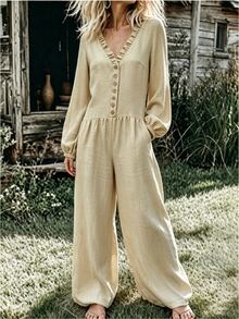 Breezaya Women's Ruched Waist Ruffle V-Neck Button Down Puff Sleeve Wide Leg Jumpsuit For Daily Vacation Wear Elegant Casual Vacation - Khaki - View 4