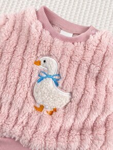 SHEIN Newborn Cute Cartoon Pattern Fluffy Sweatshirt And Elastic Waist Long Pants Set - Pink - View 5