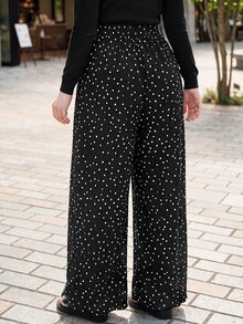 Bijouette Plus Size Women Polka Dot Print Elastic Waist Wide Leg Loose Long Pants - Black - View 2