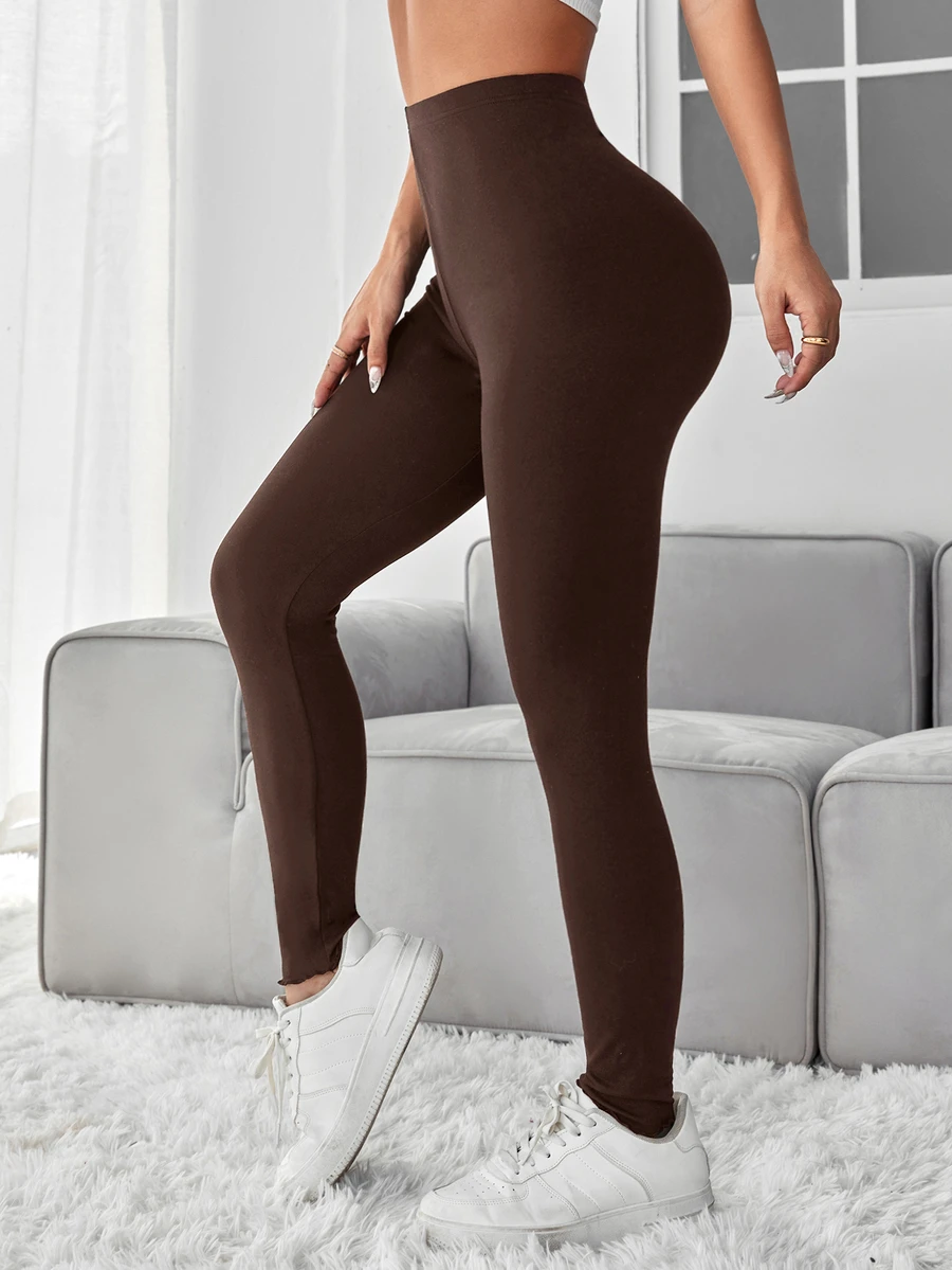 SHEIN PETITE 純色高腰緊身黑色內搭褲 - 咖啡棕 - 查看 1
