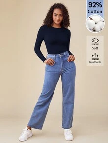 SHEIN BASICS 女款純色圓領長袖休閒連身衣T恤 - 藏蓝色 - 查看 9