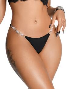 AltBold 1pc Fashionable Pearl Rhinestone Chain Women's T-Back Panty - Black - View 4
