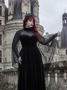 Whyspr European Women's Plus Size Black Mesh Shawl Strapless A-Line Velvet Long Slimming Party Evening Dress Halloween - Black - View 7