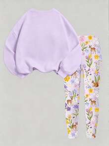 SHEIN 女童 2 件組秋季套裝 公主卡通印花圓領衛衣與花卉鹿紋印花內搭褲 甜美休閒秋季套裝 - 彩色 - 查看 2