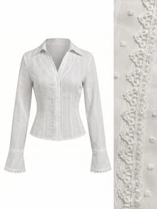 Elamini Women's Patchwork Lace Cotton V-Neck Elegant Commute Flared Sleeve Blouse - White - View 6