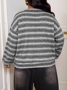 SHEIN PETITE CURVE 大尺碼圓領條紋秋季休閒傳統 Y2K 90年代機場辦公度假 T-shirt - 灰色 - 查看 2