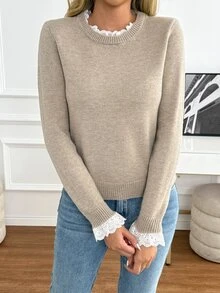 SHEIN PariChic Sweater Kasual Lengan Panjang Leher Bulat dengan Hiasan Rumbai untuk Wanita - Aprikot - View 3