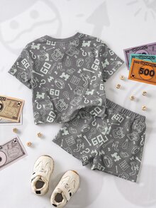 MONOPOLY X SHEIN Baby Boy Letter Print Short Sleeve T-Shirt And Shorts Casual Set MONOPOLY - Grey - View 2
