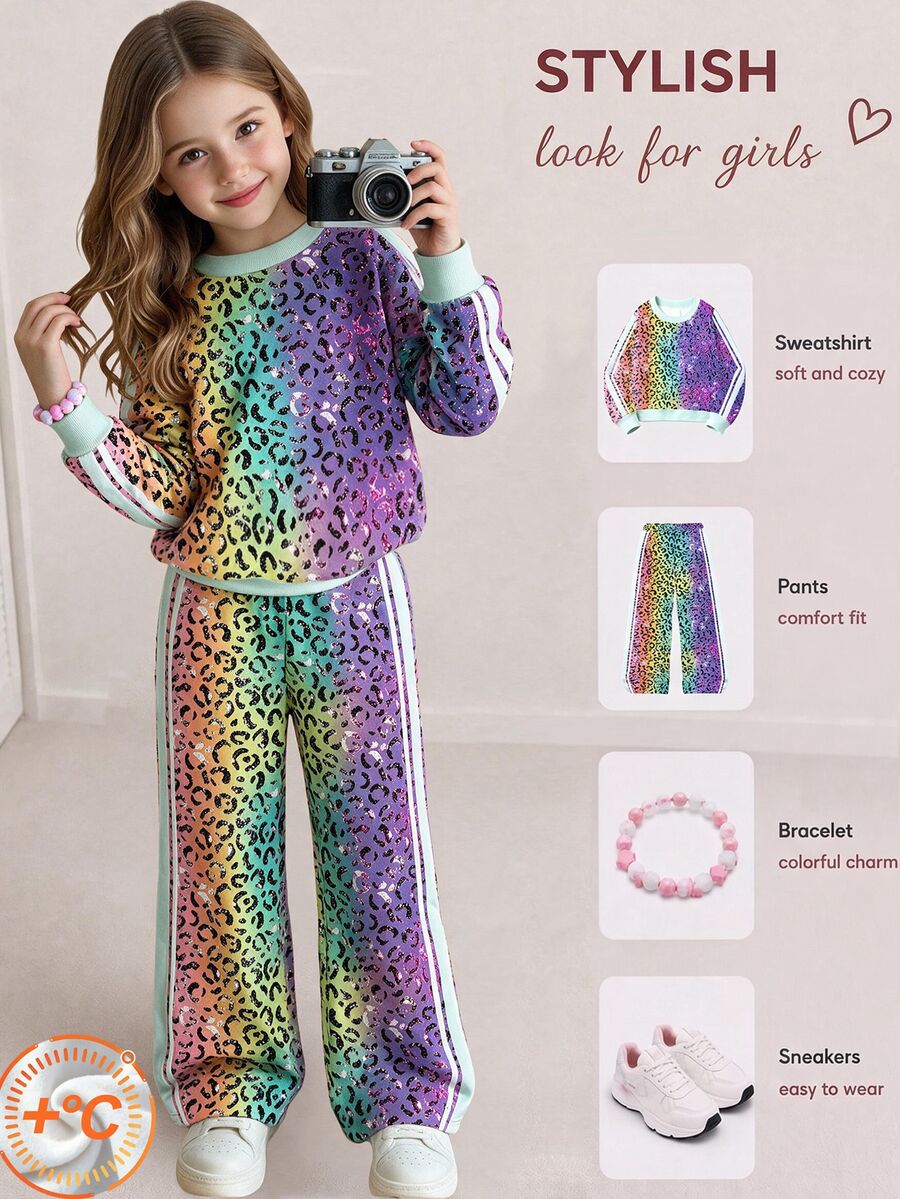 2pcs/Set Young Girls Rainbow Leopard Print Long Sleeve Crew Neck Sweatshirt & Wide Leg Pants Sports Outfit, Cute Fall Outfits For School Daily Wear - Multicolor - View 1