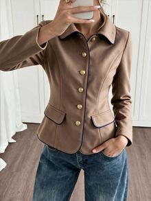 Louniche Elegant Casual Brown Button Blue Trim Women's Overcoat - Brown - View 4