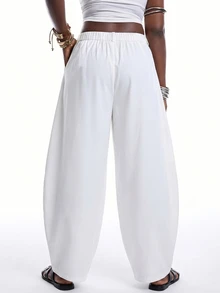 SHEIN EZwear 白色秋冬復古休閒街頭風寬鬆軍綠色圓弧下擺大尺碼長褲 - 白色 - 查看 2