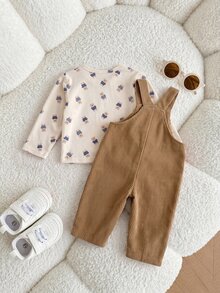 SHEIN 新生兒可愛動物印花彈性肩扣長袖套頭上衣，加厚燈芯絨可調節肩帶3D刺繡熊圖案連身褲長褲套裝，適合冬季 - 卡其色 - 查看 2